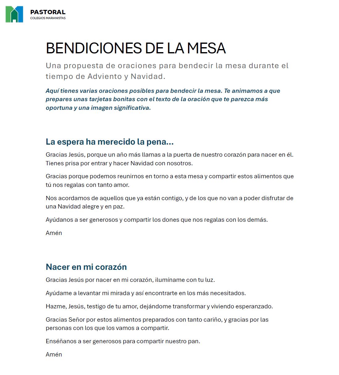 Bendiciones de la mesa para Adviento y Navidad